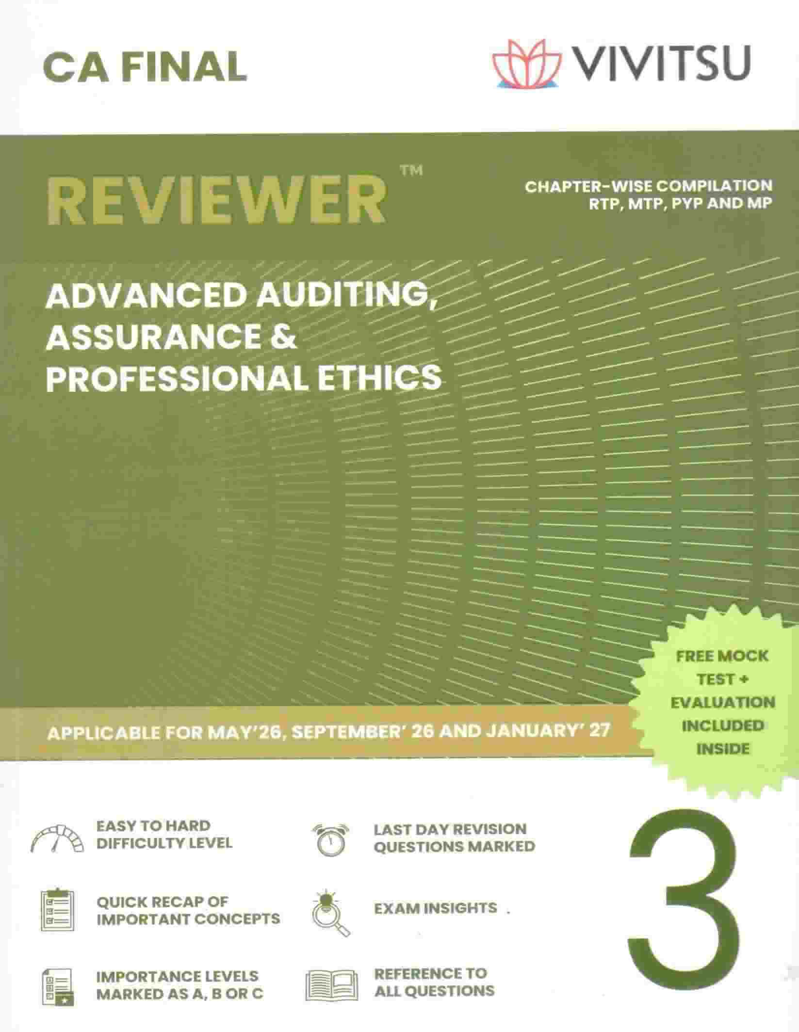 Vivitsu's CA Final Reviewer  (Group 1 ) Papar - 3 Advanced Assurance & Professional Ethics Applicable For May ,26 Sep ,26 and Jan, 27 - 4th Edition 2026